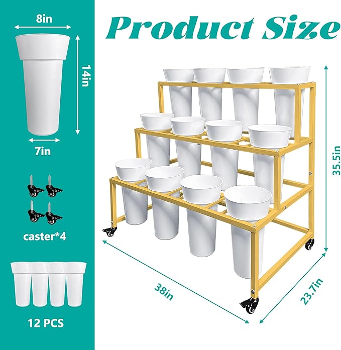 PROLEE Flower Stand with 12 Buckets, Flower Display Stand with Wheels, Flower Cart, Moving Florist Bouquet Shelf, Rectangular, Gold