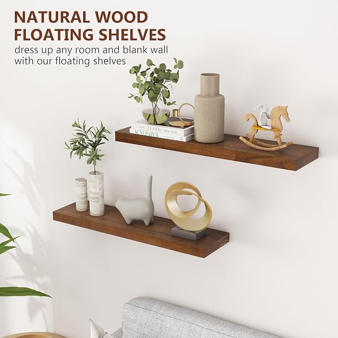 fuqing 30 Inch Floating Shelves for Wall Set of 2, Rustic Wood Wall Shelves for Living Room Bedroom Bathroom Home Office - Walnut