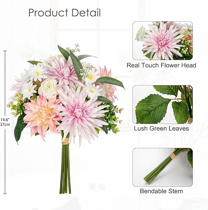 Briful Artificial Flowers Bouquet for Decoration, Silk Flowers Arrangements with Dahlia & Daisy Mums Fake Floral Stems for Home Vase Table Centerpiece Wedding Party Decor