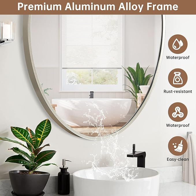 Oval Wall Mirror, 22"x30" Brushed Nickel Vanity Mirror, Bathroom Mirror of Metal Frame, Home Decorative Wall Mounted Mirror for Bathroom, Living Room, Entryway, Vanity
