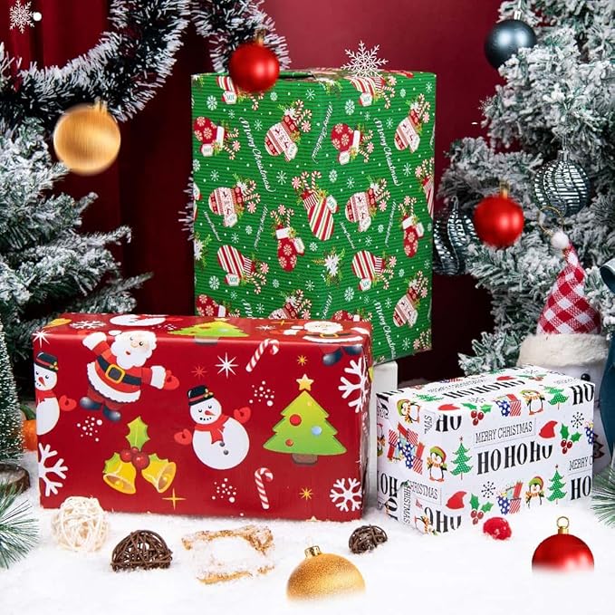 Linnoptimix Christmas Wrapping Paper Rolls -White Red Green Wrapping paper 3 LARGE ROLL-27inch*78 inch per roll Colorful (Christmas White/Red/Green（006）)