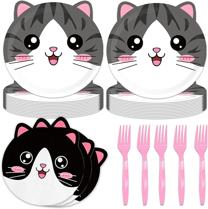 48Pcs Cute Cat Birthday Decorations Plates Cat Party Decorations Include Desserts Plates Napkins Forks for 16 Guests
