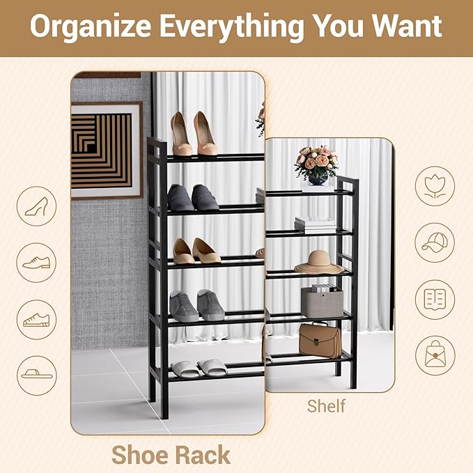 Haddockway Bamboo Shoe Rack for Closet, Free Standing Shoe Organizer with Smooth Round Rods & Convenient Handles, Stackable Shoe Storage Shelf for Entryway, Hallway(Black, 5-Tier(Small))