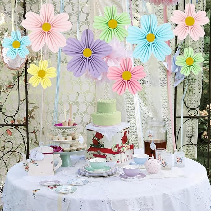 YUNXUAN Pastel Party Decorations Paper Fan Paper Flowers Decorations for Wall Flower Backdrop Classroom Baby Shower Birthday Flower Wall Decor Pack of 9 Rainbow