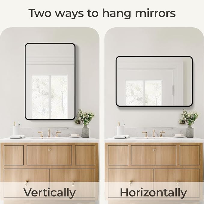 USHOWER Bathroom Mirrors for Over Sink, Metal Frame Rectangle Mirror, Modern Farmhouse Vanity Mirror, Wall Mounted for Bedroom, Living Room, Entryway Remodel & Upgrade, Matte Black, 24 x 36 Inch