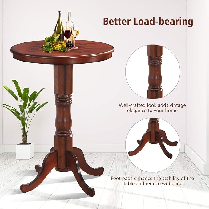Giantex Round Dining Table, 30" D X 41.5" H, Wooden Pub Pedestal Side Table W/Chessboard, Adjustable Foot Pads, Multi-Purpose Dinner Table for Small Space, Kitchen, Dining Room, Restaurant, Walnut