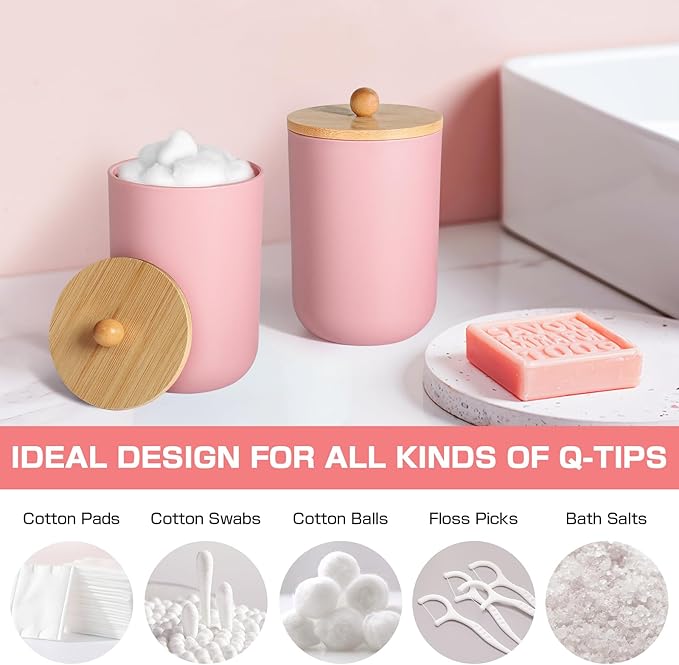 Pink Bathroom Accessories - 5 Pcs, Plastic Decor Set, Soap Dispenser, Toothbrush Holder, Soap Dish, Cotton Swab Jar, Boho Organizer