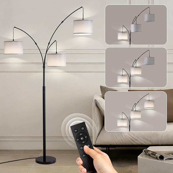Netin 3 Light Arc Floor Lamps for Living Room, Led Floor Lamp with Remote Control, Modern 80" Tall Standing Lamp with Gray Shades, 3 Color Temperature, Mid Century Tree Floor Lamp for Bedroom, Office