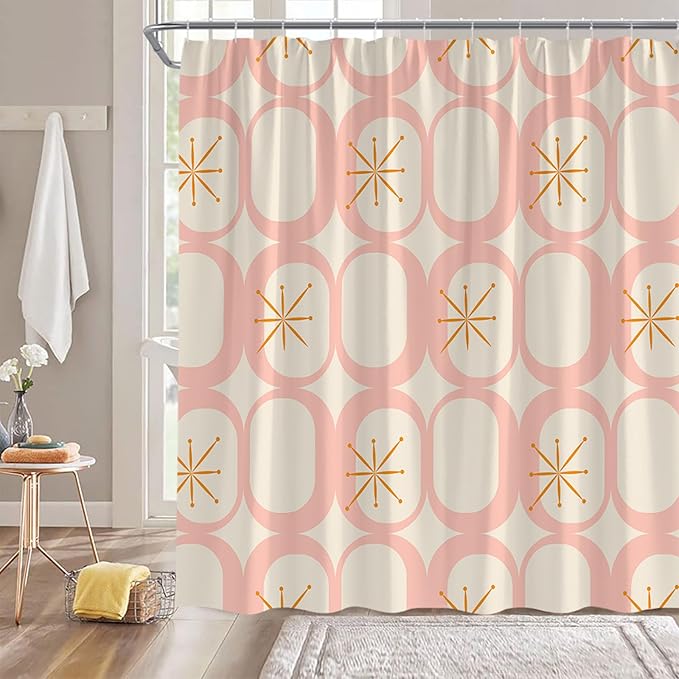 Mid Century Modern Extra Long Shower Curtain Abstract Atomic Geometric Round Squares Retro 50s Pink Fabic with Hooks for Bathroom Decor,70x84 Inch