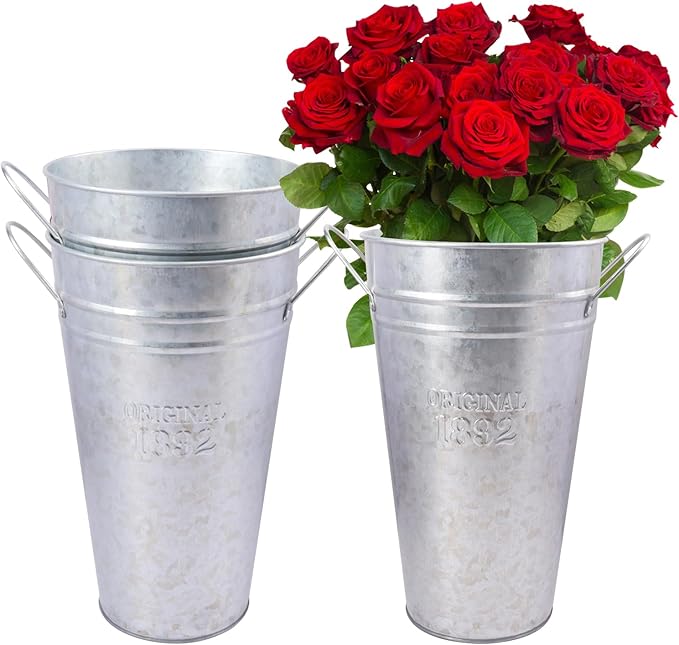 3 Packs 12 Inch Tall Galvanized Metal Flower Vases with Handles, Metal Flower Buckets for Cut Flowers, Country Wedding, Table Centerpiece Decorations(Sliver)