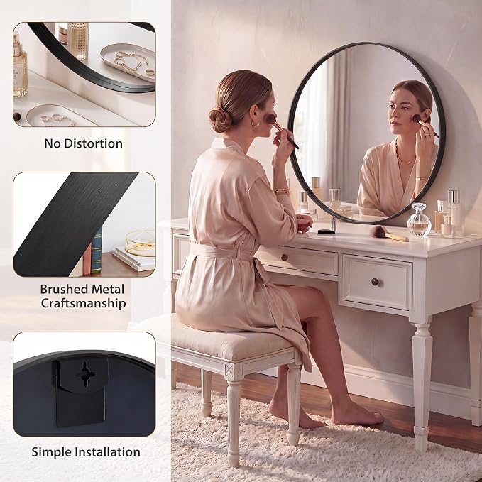 Sweetcrispy Bathroom Round Mirrors for Over Sink, 28 Inch Wall Circle Mirror with Matte Metal Frame, Modern Wall Mount Vanity Mirror for Home Decor, Living Room, Bedroom, Black