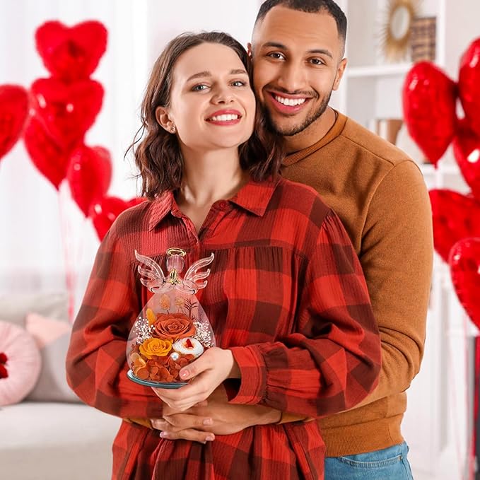 Gifts for Women Birthday Preserved Rose Forever Flower in Glass Angel Figurines Fresh Flowers for Delivery Prime for Mom Real Orange Roses for Grandma Sister Wife Her from Daughter