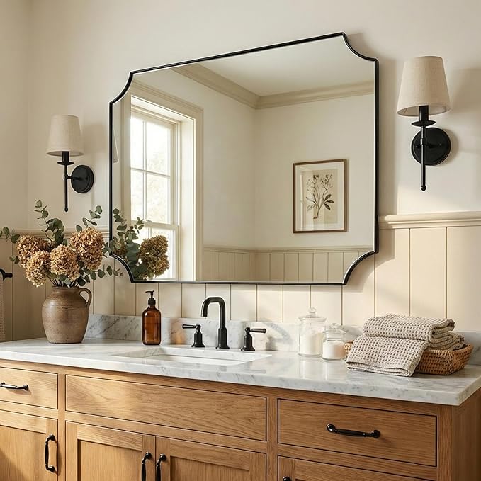 ANDY STAR 30x40 Inch Bathroom Mirror, Black Bathroom Mirror for Over Sink, Unique Rectangle Wall Mirror, Matte Black Framed Rectangular Mirror with Scalloped Edges, Ideal for Home Decor