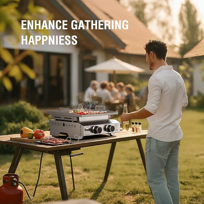 Electactic Portable 2 Burner Flat Top Grill, 23" Table Top Gas with Handle, 333 Sq. In. Cooking Area, 16000 BTU Outdoor Griddle for Kitchen, BBQ, Camping, Stainless Steel
