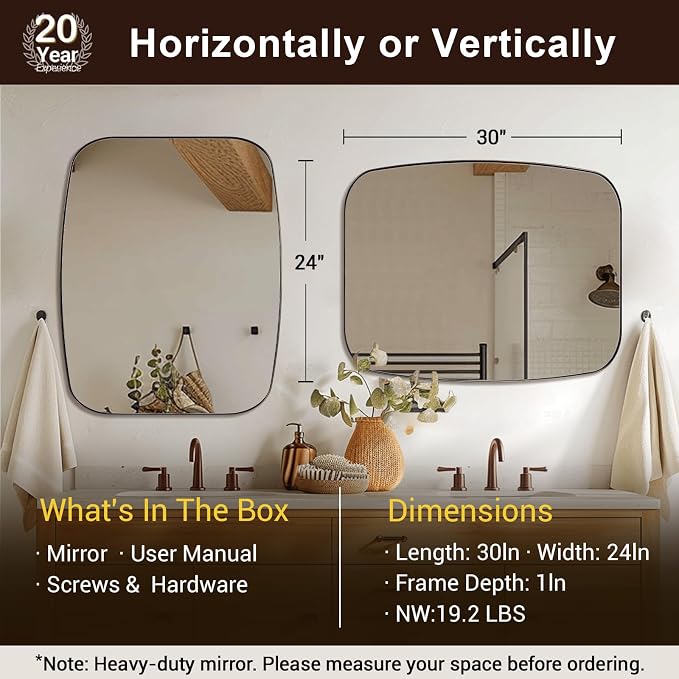 ANDY STAR Brushed Bronze Bathroom Mirror, 24x30 Oblong Mirror with Stainless Steel Metal Frame, Oval Vanity Mirror for Over Sink, Modern Anti Rust Wall Mounted