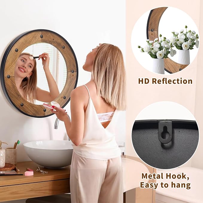 Rustic Round Wall Mirror 24 Inch, Natural Wood Frame with Black Metal Trim, Industrial Farmhouse Style Wall Mirror with Decorative Nailhead Accents for Bathroom, Living Room, or Entryway