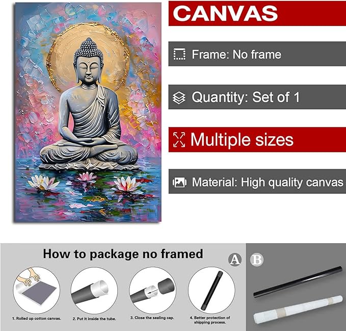 Lotus and golden Buddha meditation tranquil zen wall art mindfulness wall art for spiritual harmony and tranquility decor 8x12in Frameless