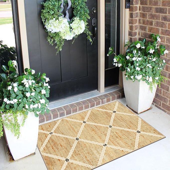 Front Door Mat Indoor - 2x3 Non-Slip Front Door Rug Washable Doormat Indoor Outdoor Entrance Woven-Look Beige Farmhouse Geometric Small Throw Rugs for Entryway Bedroom Kitchen Laundry Room