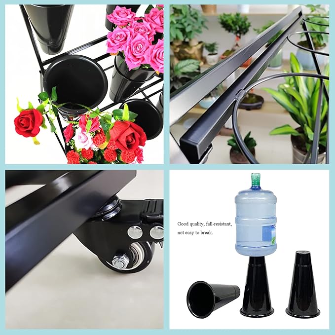 Flower Display Stand, 3 Layers Heavy Duty Moving Plant Cart Shelf With Wheels and Bucket, Wrought Iron Florist Shelf, for Patio Garden,Florist,Outdoor Flower Pop-Up Events (Black Shelf - Black Bucket)