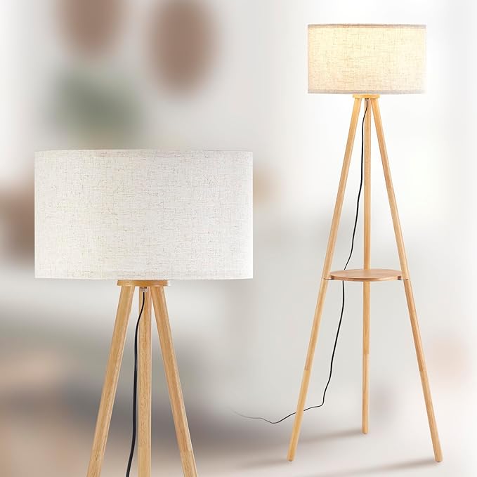 Wood Tripod Floor Lamp with Shelf & 3 Color Temparature LED Bulb, Modern Nordic Wooden Standing Floor lamp Linen Shade for Living Room, Bedroom, Office, ETL Listed/Natural Wood Color