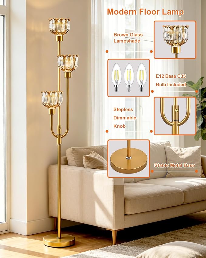 Lightdot 3-Lights Modern Glass Floor Lamp 66IN Gold Dimmable Floor Lamps with 3000K Warm White Bulbs for Wedding Party Tall Standing Lamp with Amber Glass Shade for Living Room/Bedroom/Home Decor