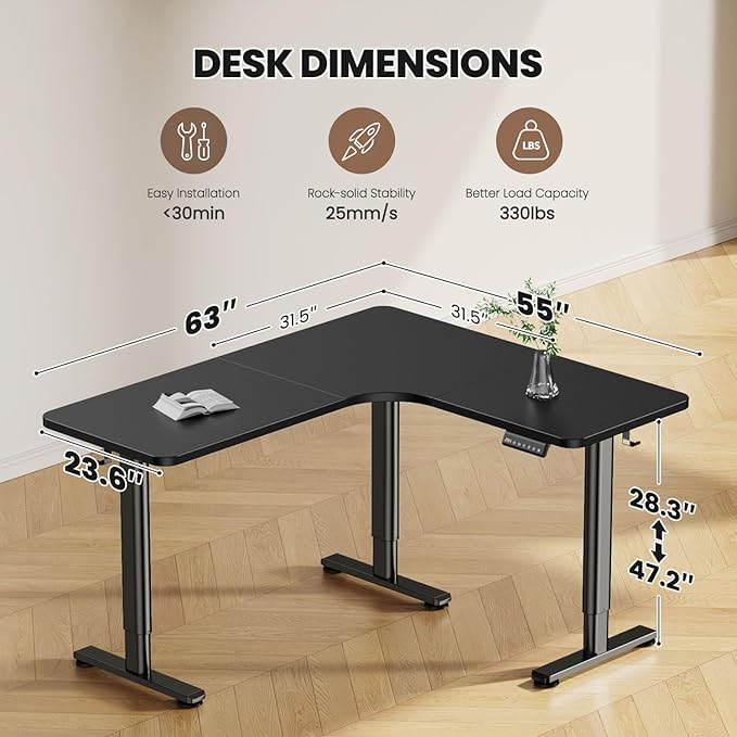 Flycity Electric L Shaped Standing Desk Adjustable Height, 63" x 55" Corner Stand Up Desk, Dual Motor Sit Stand Desk Computer Desk, Home Office Desk with 3 Memory Preset & Child Lock, Black