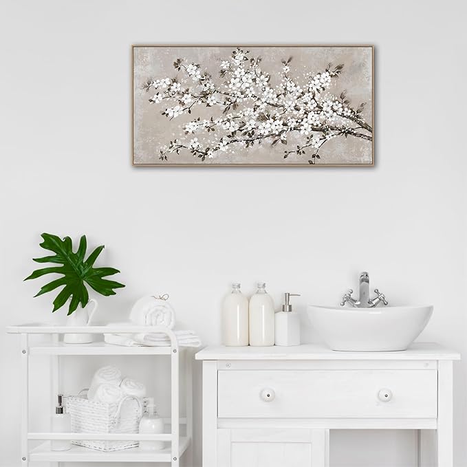 VEAEE White Blossom Branches Wall Art, Floral Canvas Prints, Living Room Decor Abstract Flowers Painting Canvas Pictues, Contemporary Artwork Bedroom Office Kitchen Wall Decor Ready to Hang 20"x40"