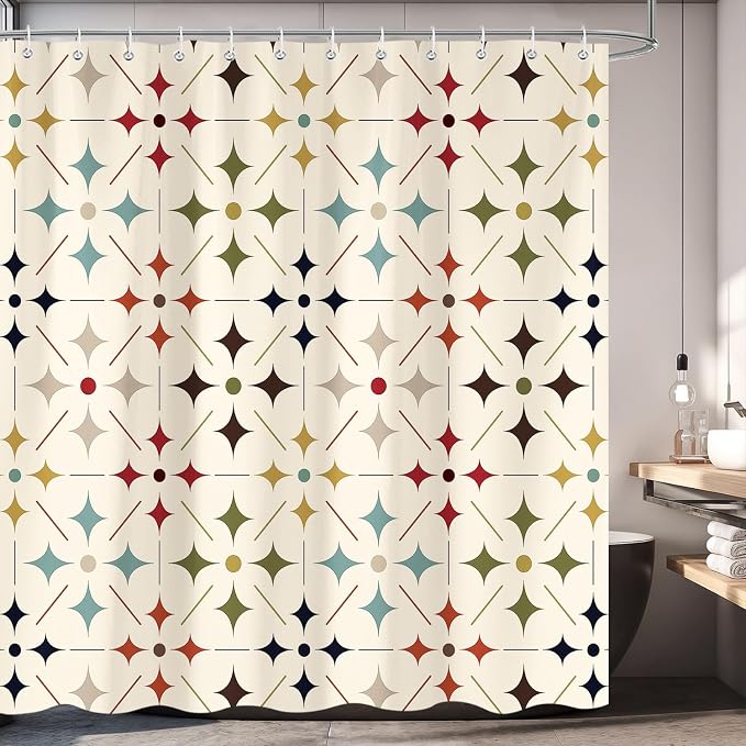 Mid Century Shower Curtain Vintage, Retro Modern Geometric Fabric Bathroom Decor, Colorful Abstract Aesthetic Art Boho Bath Curtain Set Decor with 12 Hooks 72x72 Inch