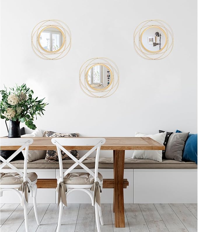 Gold 3 Set Circle Mirrors Wall Decor Wire Metal Mirror Round Mirror Home Decor Hanging Mirror for Room Bedroom Bathroom Entryway 12''