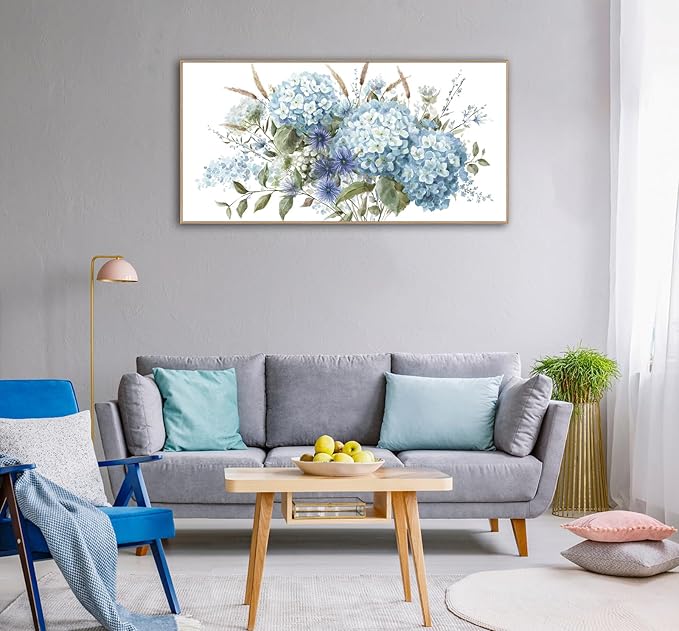 VEAEE Framed Flowers Canvas Wall Art - Blue Floral Canvas Pictures, Living Room Wall Decor, Blue Hydrangea Botanical Canvas Prints Painting Abstract Artwork Bedroom Office Home Decor 24"x 48"