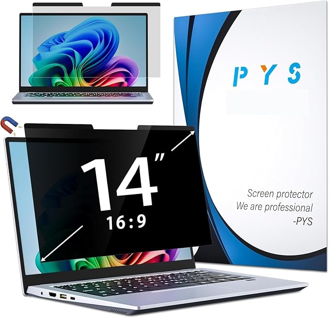 PYS Magnetic Laptop Privacy Screen 14 Inch 16:9 - Laptop Screen Privacy Shield, Anti-Blue Light, Anti-Glare Filter, Removable Screen Protector