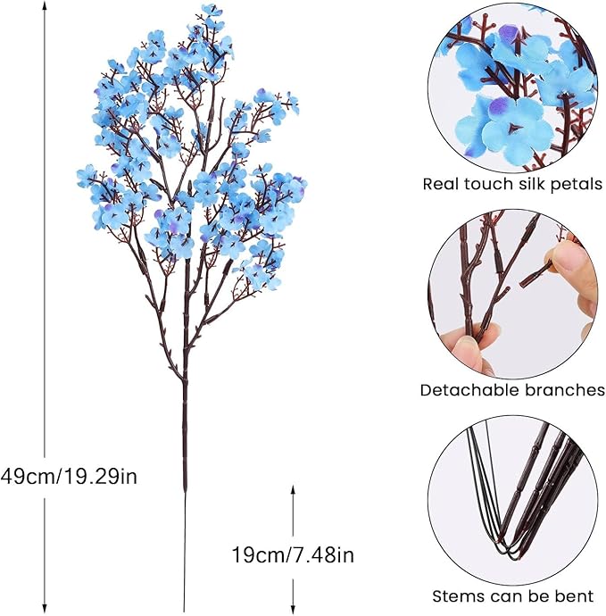 8Pcs Artificial Flowers Fake Babys Breath Bouquet,Blue Fake Flowers Plants Decor Silk Flower Bulk for Vase Spring Home Wedding Indoor Outdoor Table Party Decorations