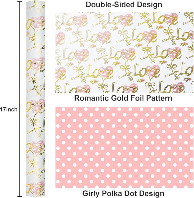 Yarcony Reversible Wedding Wrapping Paper, Heart Themed Gift Wrapping Paper, Creative Love & Bow Print Valentine's Day Gift Wrap for Girls, Women Birthday,Mother's Day, Anniversary(17 Inch X 33 Feet)