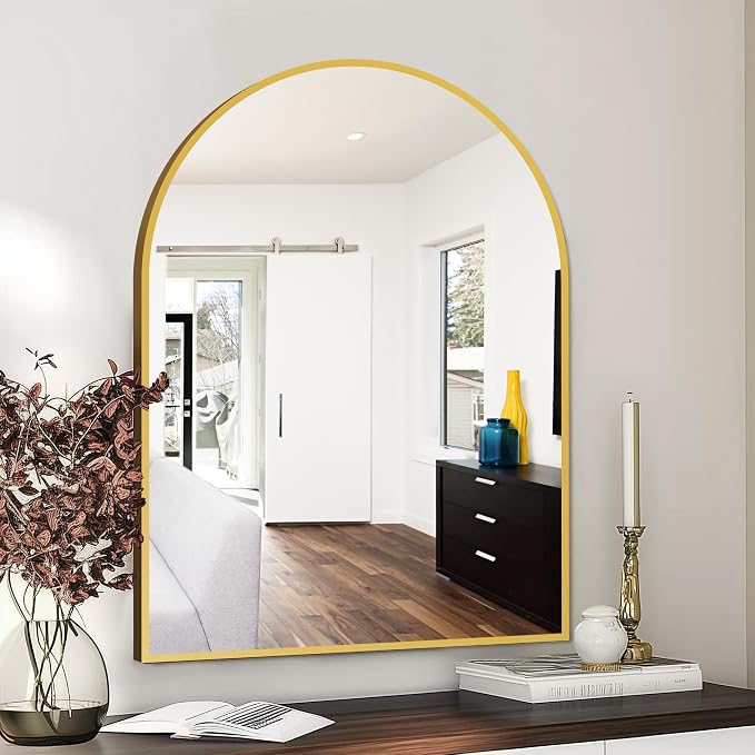 FICTOR Bathroom Mirror for Wall, Arched Vanity Bathroom Mirror for Over Sink, Metal Framed with HD Shatter-Proof Glass for Entryway, Living Room,Bedroom(30” x 40”, Gold)