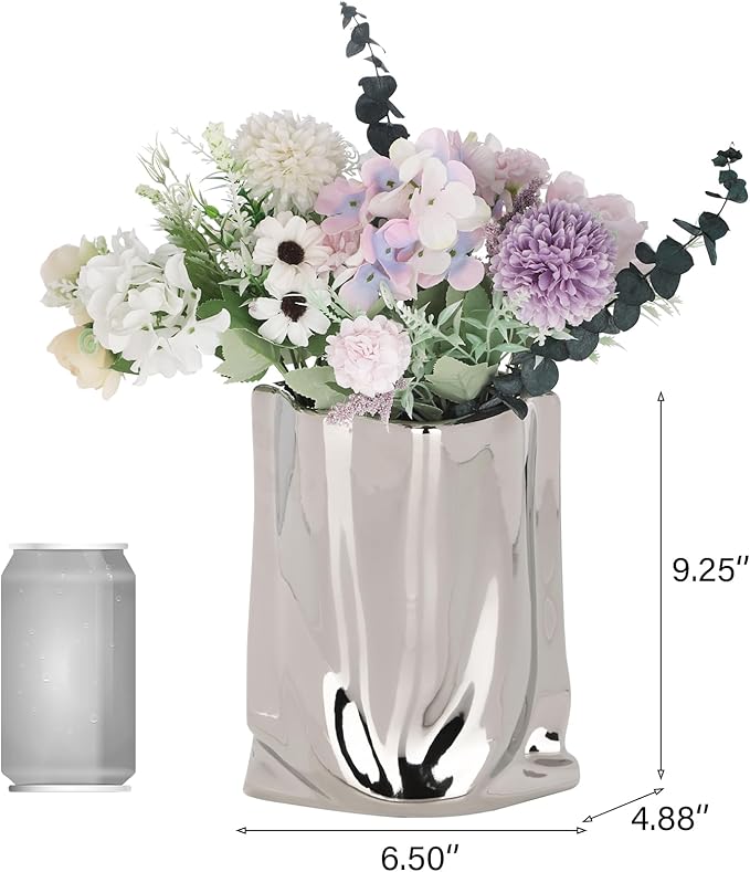 VanEnjoy Large Silver Vase - Wide Mouth, Ceramic Silver Vases for Home Decor