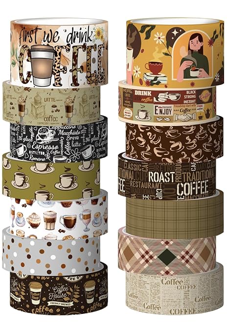 KOVANO Coffee Themed Washi Tape Set, 14 Rolls Vintage Crafts Tape, Art Decorative Tape for Scrapbooking Supplies, Junk Journal, Bullet Journaling, Vision Board Supplies