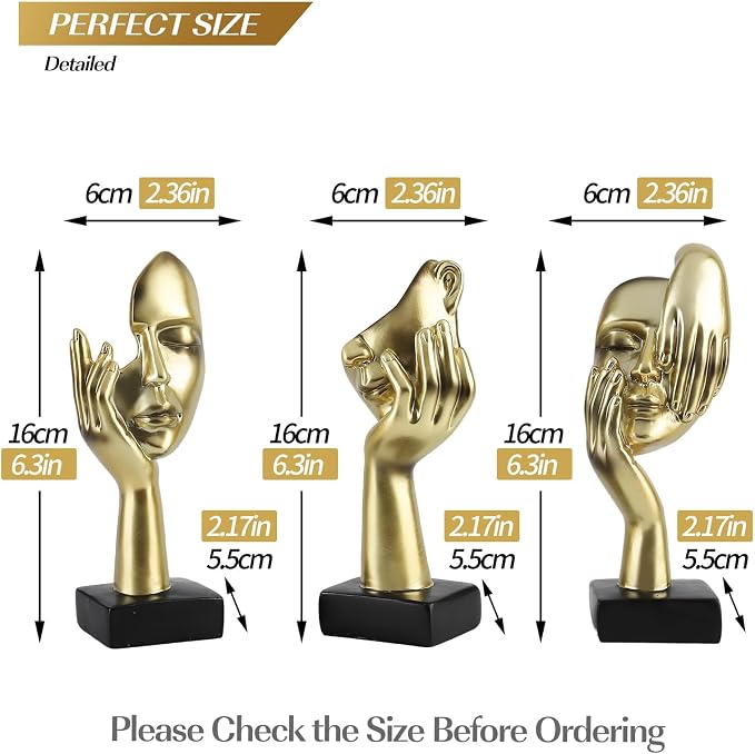 Modern Living Room Decoration - Gold Abstract Sculpture Decor For Shelves, Thinker Statues Set Of 3, Resin Face Knick Knacks Home Decor For Office Bookshelf, Shelf Side, Table, Gift For Friends