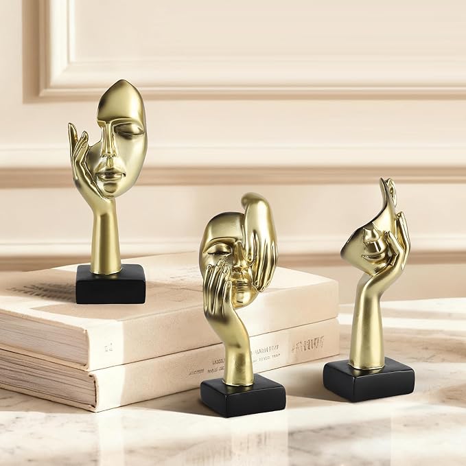 Modern Living Room Decoration - Gold Abstract Sculpture Decor For Shelves, Thinker Statues Set Of 3, Resin Face Knick Knacks Home Decor For Office Bookshelf, Shelf Side, Table, Gift For Friends