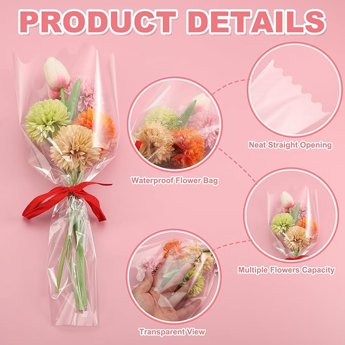 YELARXI Clear Flower Wrapping Bags, Transparent Flower Packaging Bag Waterproof Durable Bouquet Sleeves - Fitting for (Florists/Floral Arrangements Supplies), 4.7x1.6x14.2 Inch & 100Pcs