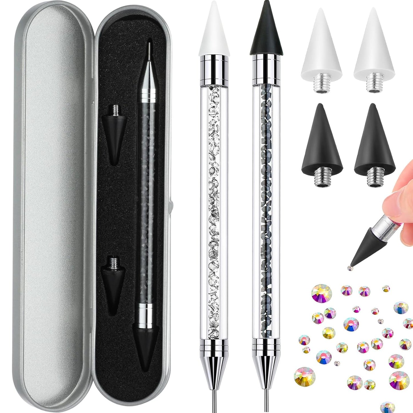 Skiennix Rhinestone Picker Dotting Pen - Dual-Ended Wax Pencil for Nail Art & DIY Decoration | Black & White