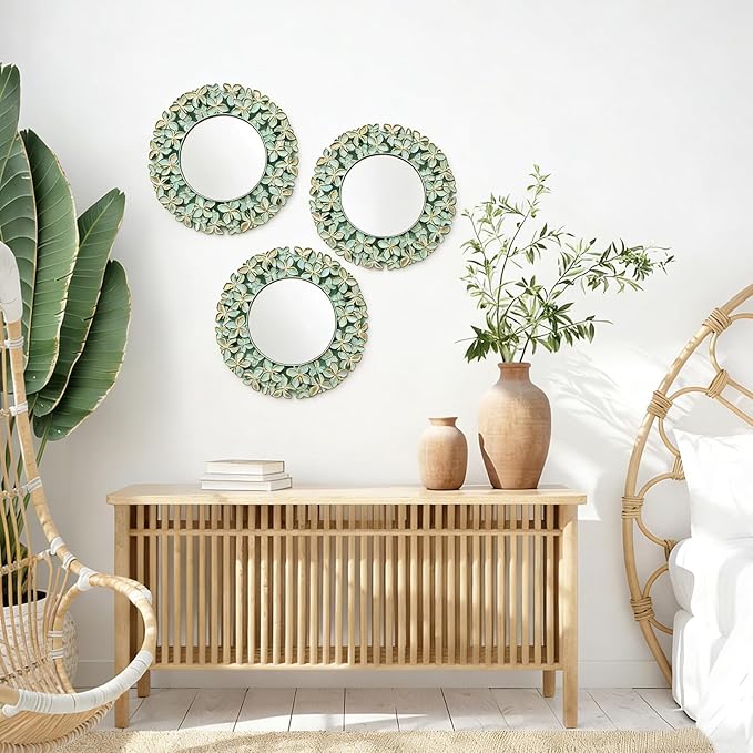 DXYAKY 3 Pack Floral Ornate Decorative Wall Mirror - Elegant Mint Green with Gold Accents, 9.8" Plastic Round Mirror Set, Lightweight Wall Art Décor for Bedroom, Bathroom, Living Room & Entryway