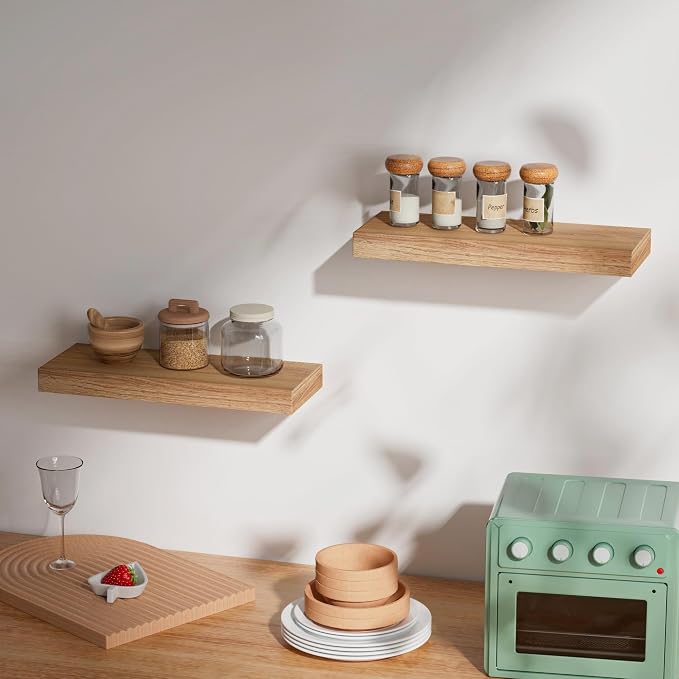Oak Floating Shelves Wood for Wall 15.7in Wall Mounted Display Ledge Shelves Perfect for Bedroom, Bathroom, Living Room and Kitchen Decoration Storage (Set of 2)