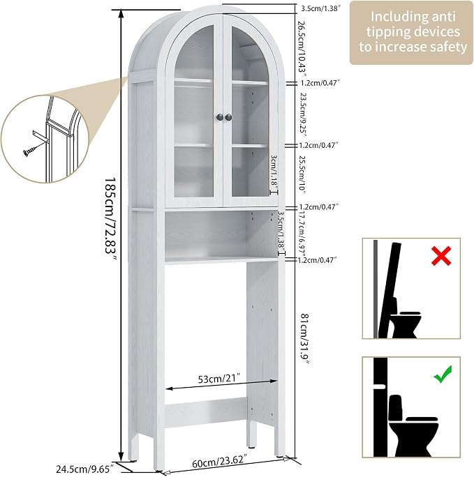 White Over The Toilet Storage Cabinet with Acrylic Doors, 4 Tier Small Bathroom Shelf Organizer, Arched Bathroom Cabinet with Adjustable Shelf, Slim Narrow Toilet Rack, Wood, Anti-Tipping Device