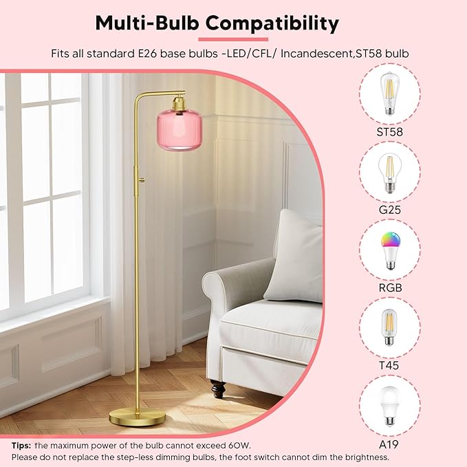 Glass Floor Lamp for Living Room, Modern Standing Lamp with Pink Ribbed Glass Lampshade&Brushed Gold, Stepless Dimmable and Rotary Switch, 66” Tall Lamp & Gold Floor Lamp for Bedroom Study Room, Pink