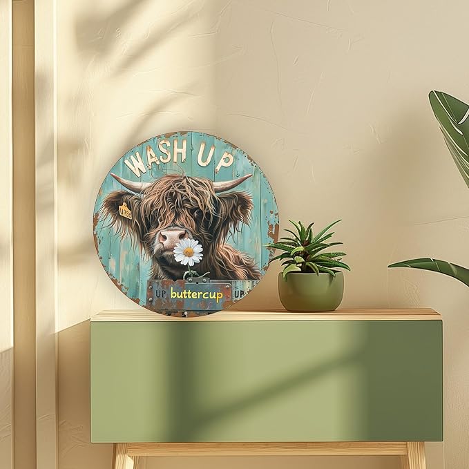 Round Aluminum Highland Cow Wall Art Sign with Daisy - Waterproof, UV Resistant Wash Up Buttercup Metal Poster Board for Cafe, Bedroom, Bar, Living Room Decor, 8x8 inch
