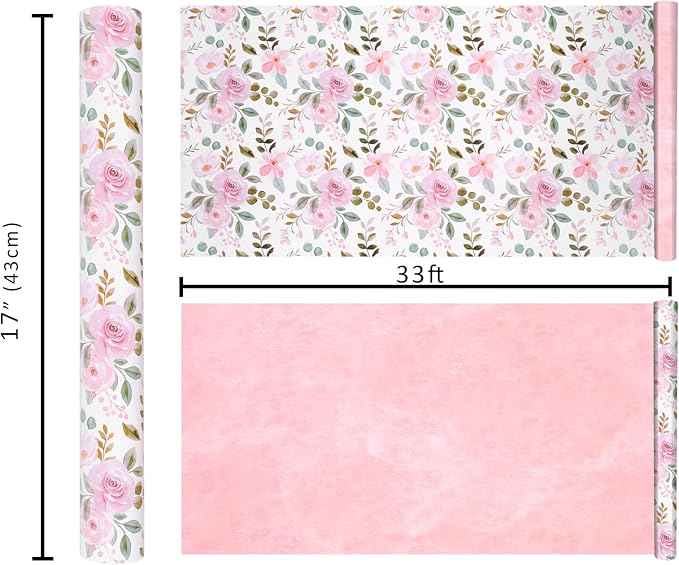 BIOBROWN Reversible Floral Wrapping Paper Roll - 17 Inches X 33 Feet (47 sq. ft. ttl.) Pink Watercolor Roses Design Flower Gift Wrap for Wedding, Bridal Shower, Mother's Day
