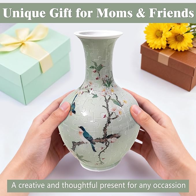 3D Puzzle Vase, 160 Curved Pieces DIY Flower Vase Craft Kit & 3D Puzzles for Adults, Creative Jigsaw Art Project Home Décor Centerpiece, for Women, Mom (Green Plum Blossom & Birds)