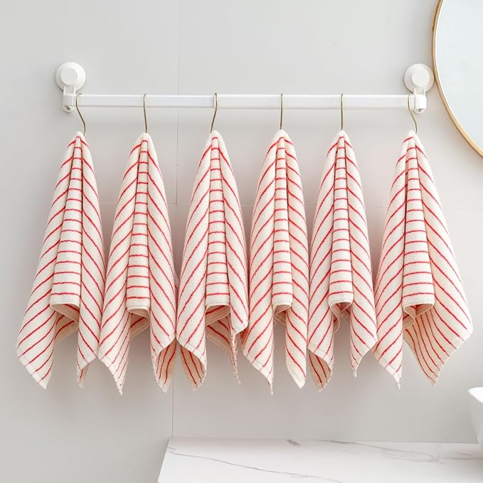 Striped Towels for Bathroom, 6 Pack Bath Hand Towels 100% Cotton Absorbent Quick Dry Face Towels for Bathroom Showering & Guest & Men and Women, 13” x 29”, Red and White Stripe