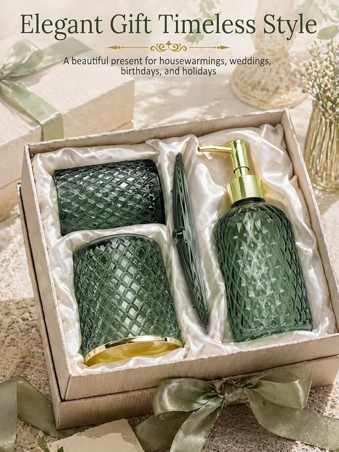 Haturi Bathroom Accessories Set, 4Pcs Sage Green Glass Bathroom Set Complete w/Bathroom Soap Dispenser Set, Toothbrush Holder, Qtip Holder, Soap Dish, Green Bathroom Decor, Gift for Home Apartment