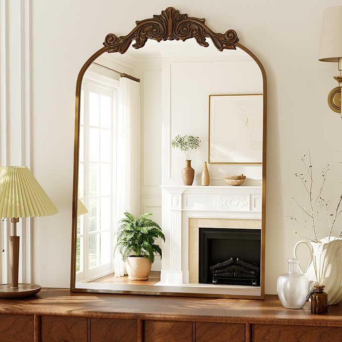VooBang Vintage Arched Bathroom Mirror, 26x38 Inch Retro Wall Mounted Vanity Mirror with Carved Pattern Top and Metal Frame, Antique Decorative Mirror for Hanging or Leaning